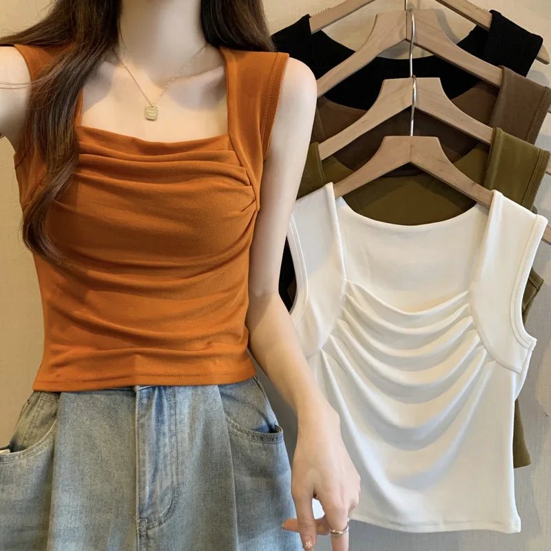 Summer Women Tank Top Square - cut Collar Ruched Halter Top Solid Tank Top - Zeprah