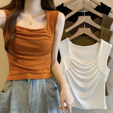 Summer Women Tank Top Square - cut Collar Ruched Halter Top Solid Tank Top - Zeprah