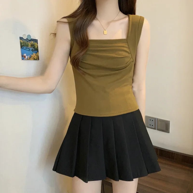 Summer Women Tank Top Square - cut Collar Ruched Halter Top Solid Tank Top - Zeprah