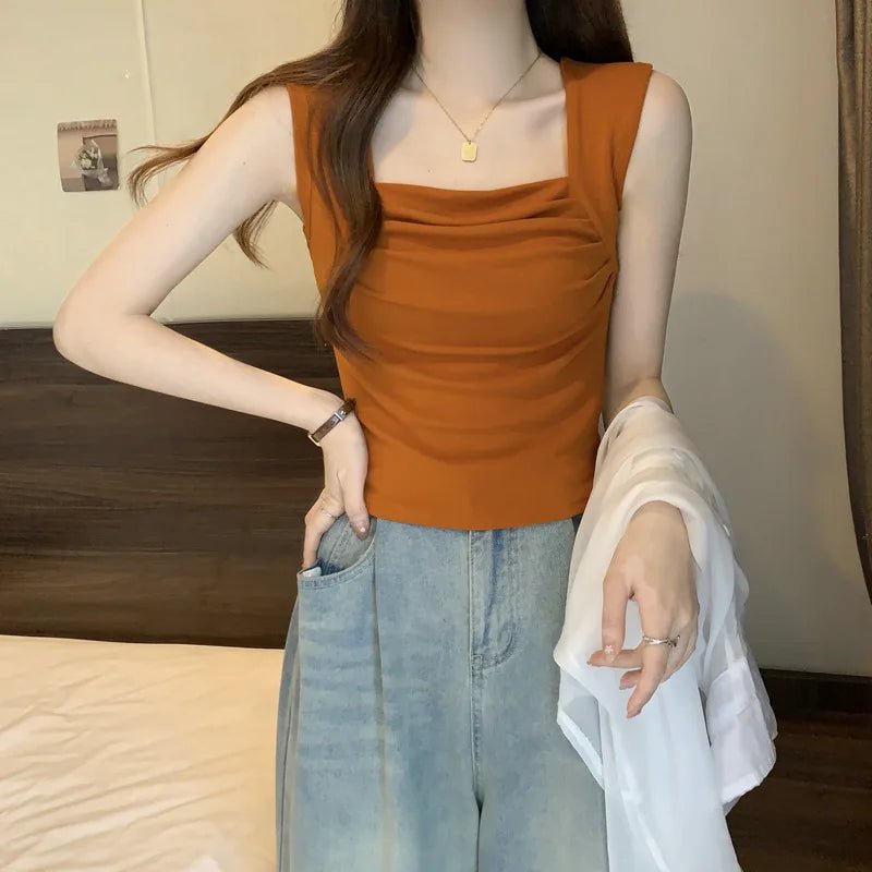 Summer Women Tank Top Square - cut Collar Ruched Halter Top Solid Tank Top - Zeprah