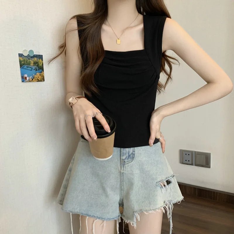 Summer Women Tank Top Square - cut Collar Ruched Halter Top Solid Tank Top - Zeprah