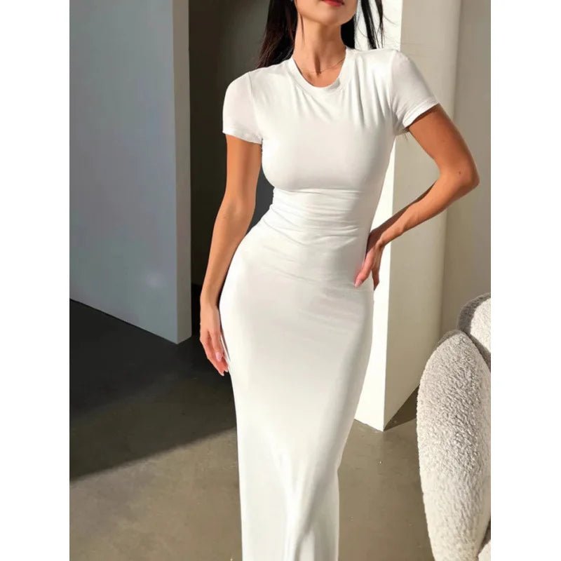 Summer Women's Casual Dress Solid O - Neck Slim Short Sleeve Empire Waistline Sexy Style Wrap the Buttocks Dress - Zeprah