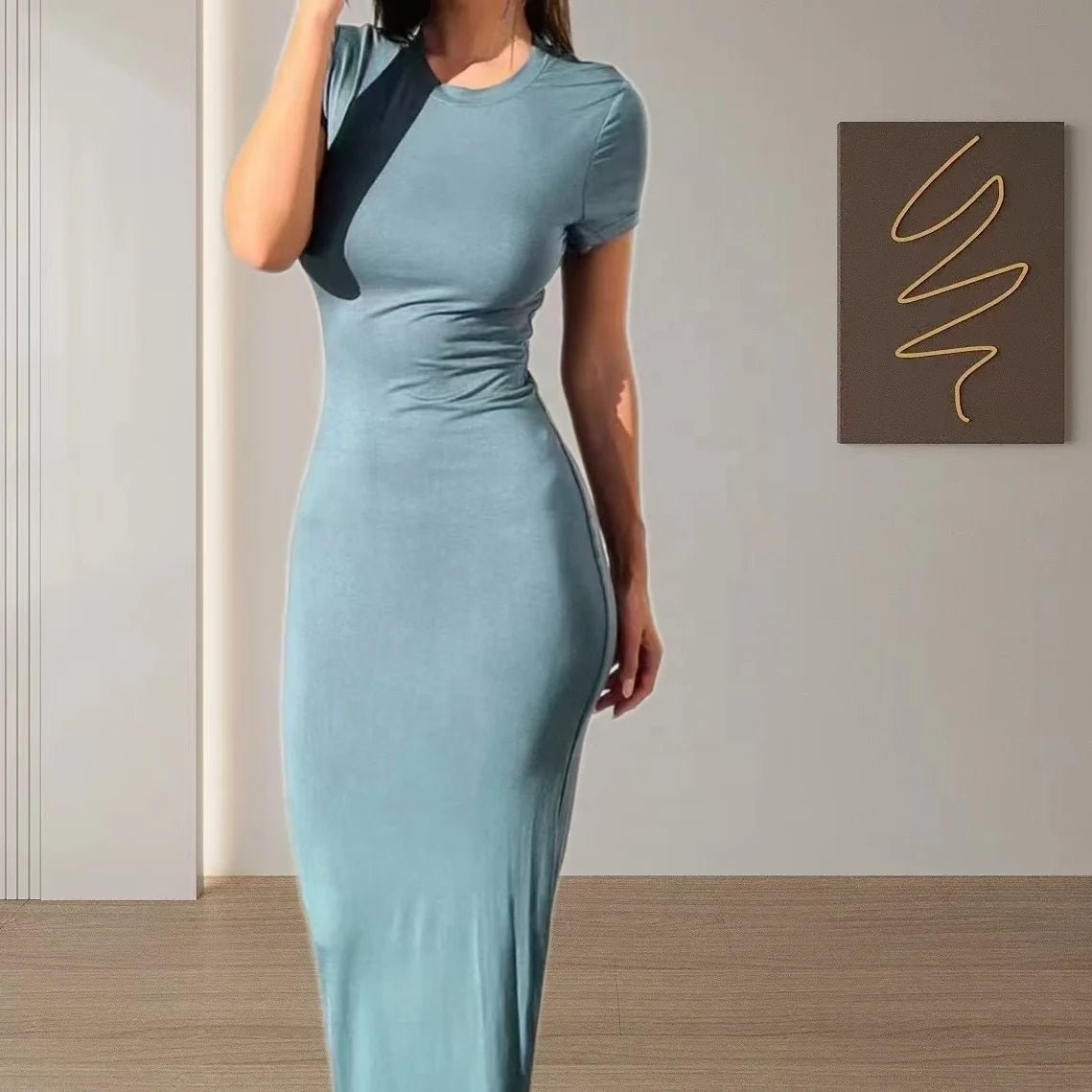 Summer Women's Casual Dress Solid O - Neck Slim Short Sleeve Empire Waistline Sexy Style Wrap the Buttocks Dress - Zeprah