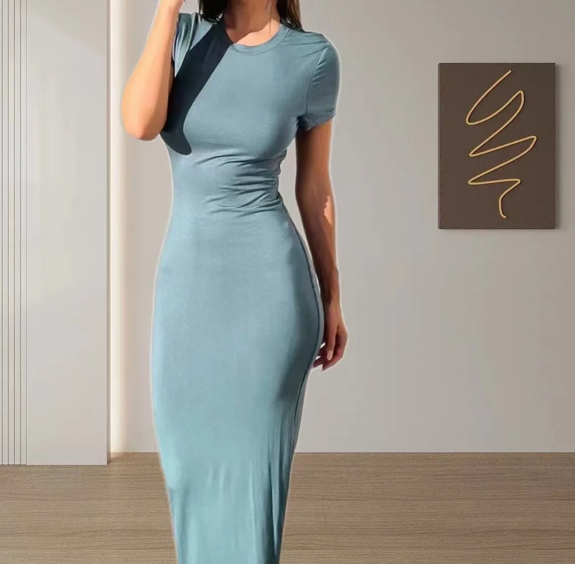 Summer Women's Casual Dress Solid O - Neck Slim Short Sleeve Empire Waistline Sexy Style Wrap the Buttocks Dress - Zeprah