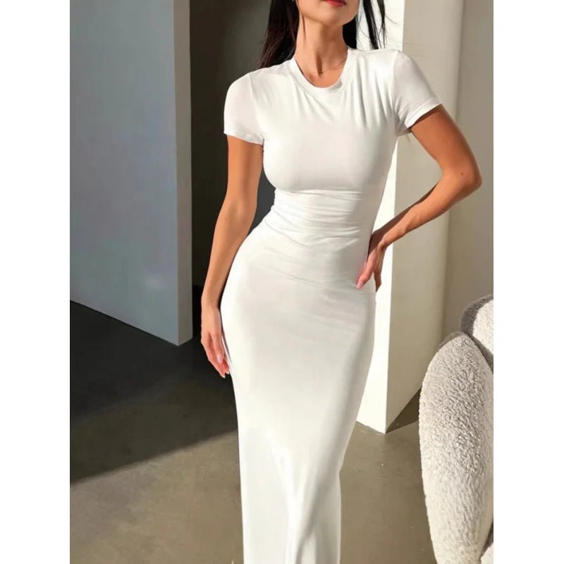 Summer Women's Casual Dress Solid O - Neck Slim Short Sleeve Empire Waistline Sexy Style Wrap the Buttocks Dress - Zeprah
