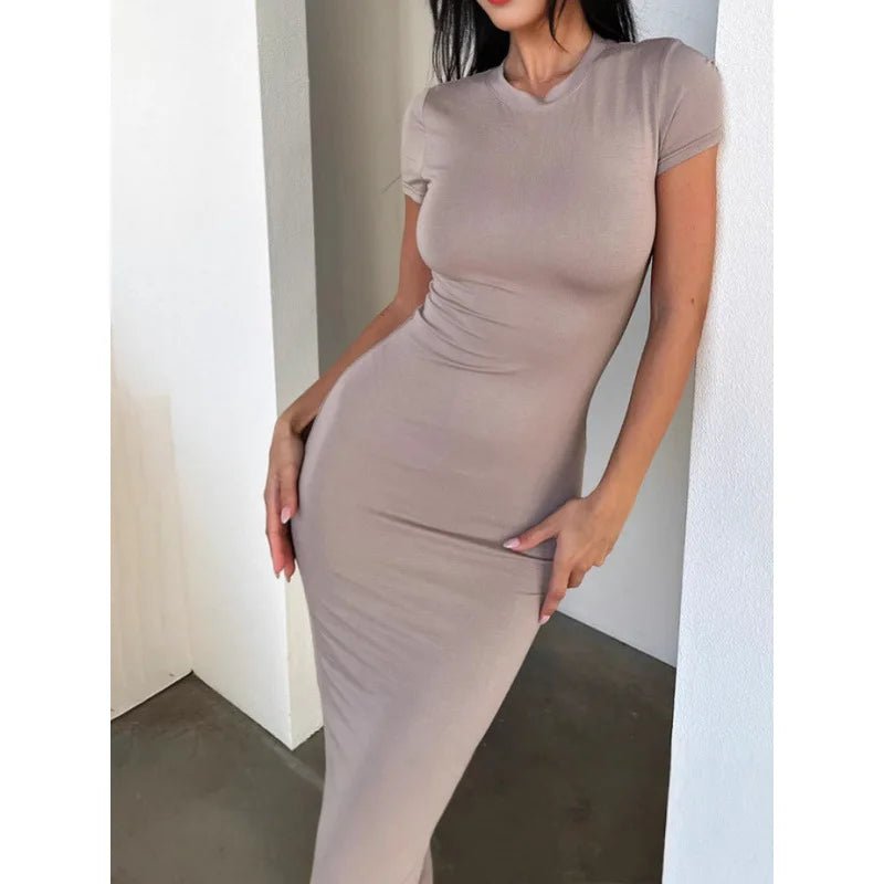 Summer Women's Casual Dress Solid O - Neck Slim Short Sleeve Empire Waistline Sexy Style Wrap the Buttocks Dress - Zeprah