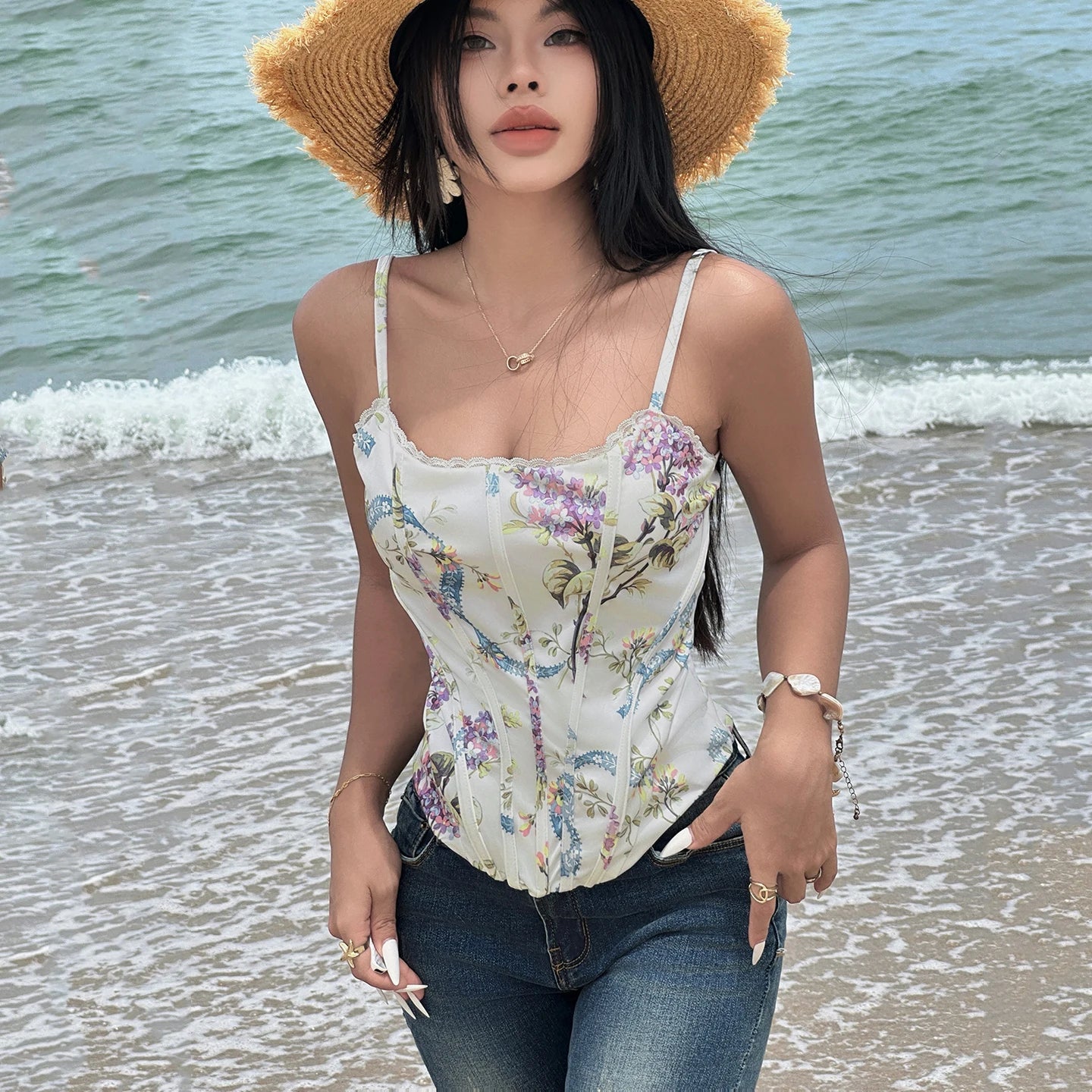 Summer Women's Floral Breathable Knitted Lace Sweet Cropped Tank Top Cute Cami for Girls Chic Sleeveless Top - Zeprah