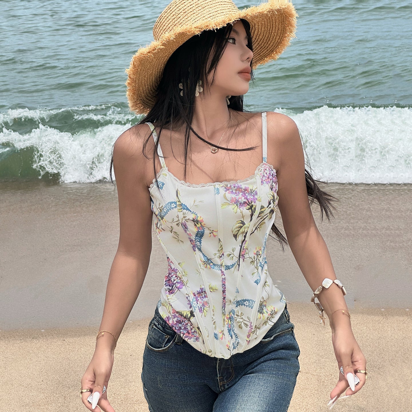 Summer Women's Floral Breathable Knitted Lace Sweet Cropped Tank Top Cute Cami for Girls Chic Sleeveless Top - Zeprah
