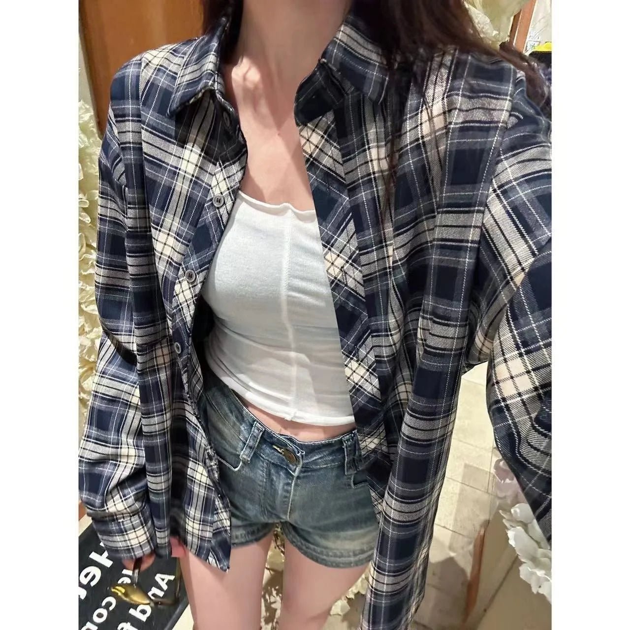 Summer Women's Lightweight Plaid Shirt Korean - Style Loose Fit Retro Casual Trendy Versatile Top - Zeprah