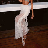 Summer Women's White Ball Gown Dress Versatile Ruffle Lace Trim Vacation Maxi Empire Waist Sexy Casual Resort Wear - Zeprah