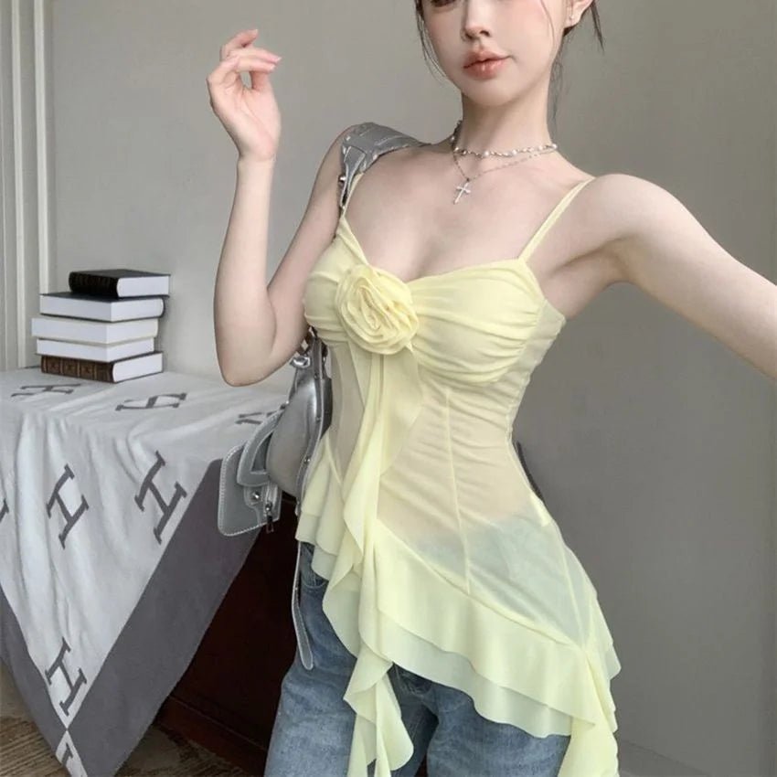 Super fairy Three - dimensional Flower Flounces Stitching Suspenders Atmosphere Female Slim Alluring Irregular Camisole - Zeprah