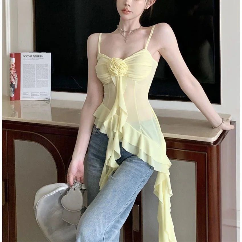 Super fairy Three - dimensional Flower Flounces Stitching Suspenders Atmosphere Female Slim Alluring Irregular Camisole - Zeprah