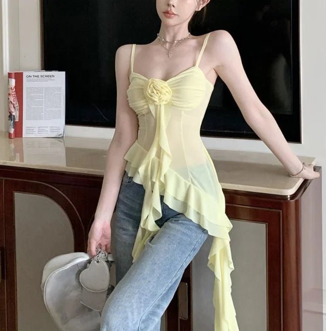Super fairy Three - dimensional Flower Flounces Stitching Suspenders Atmosphere Female Slim Alluring Irregular Camisole - Zeprah