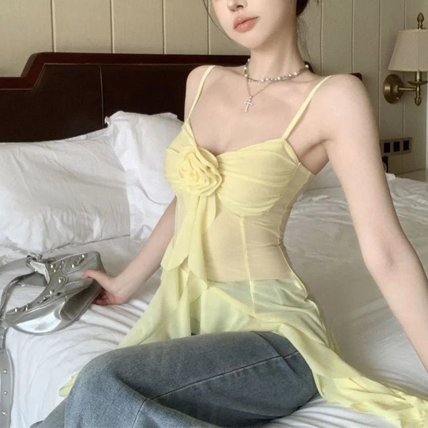 Super fairy Three - dimensional Flower Flounces Stitching Suspenders Atmosphere Female Slim Alluring Irregular Camisole - Zeprah