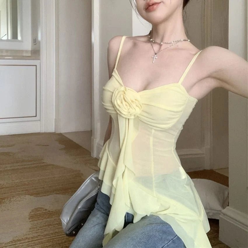 Super fairy Three - dimensional Flower Flounces Stitching Suspenders Atmosphere Female Slim Alluring Irregular Camisole - Zeprah