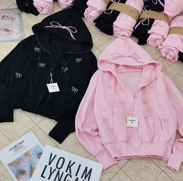 Sweet Cute Women's Autumn New Bow Embroidered Cardigan Long - Sleeved Preppy Thin Zipper Jacket - Zeprah