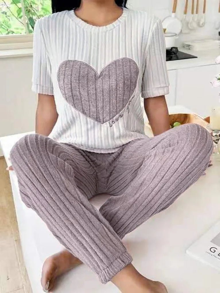 Sweet Heart Women's Satin Pajama Set Autumn New Elegant Neck Short Sleeve Long Pants Comfortable Two - Piece Home Trendy Outfit - Zeprah