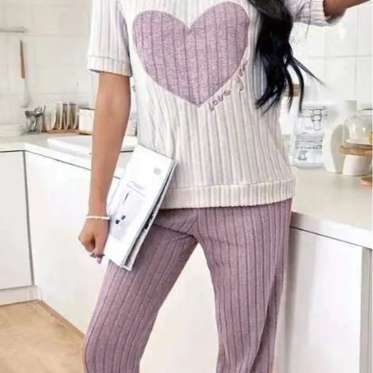 Sweet Heart Women's Satin Pajama Set Autumn New Elegant Neck Short Sleeve Long Pants Comfortable Two - Piece Home Trendy Outfit - Zeprah