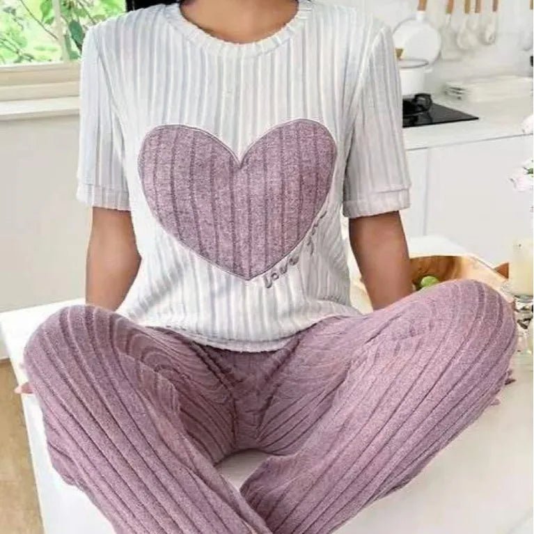 Sweet Heart Women's Satin Pajama Set Autumn New Elegant Neck Short Sleeve Long Pants Comfortable Two - Piece Home Trendy Outfit - Zeprah
