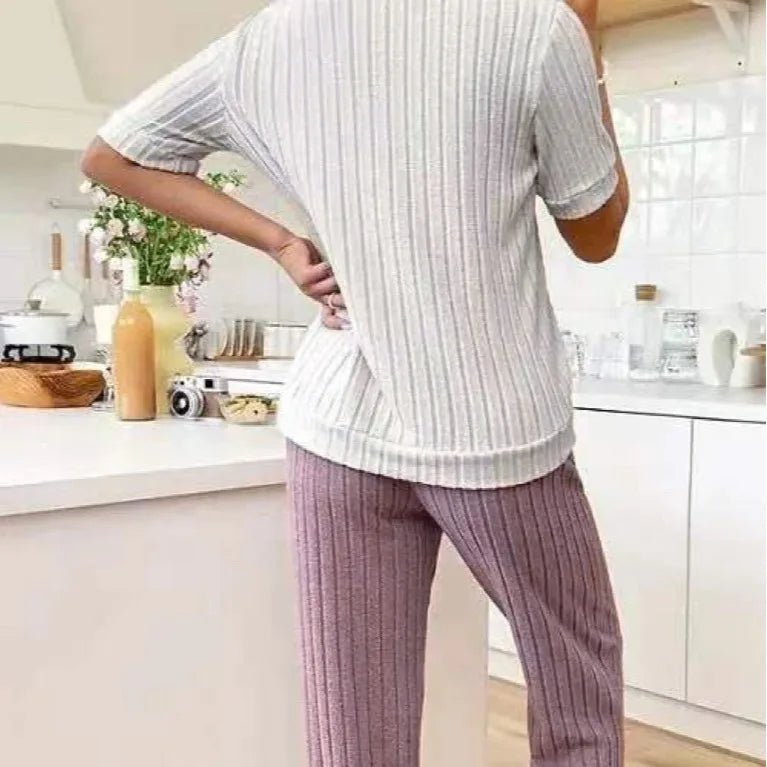 Sweet Heart Women's Satin Pajama Set Autumn New Elegant Neck Short Sleeve Long Pants Comfortable Two - Piece Home Trendy Outfit - Zeprah