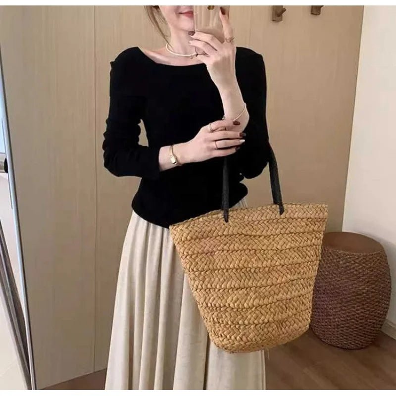 Sweet Off - shoulder square Collar Long - sleeved Women's Top Autumn New Slim - fit with Base - Zeprah