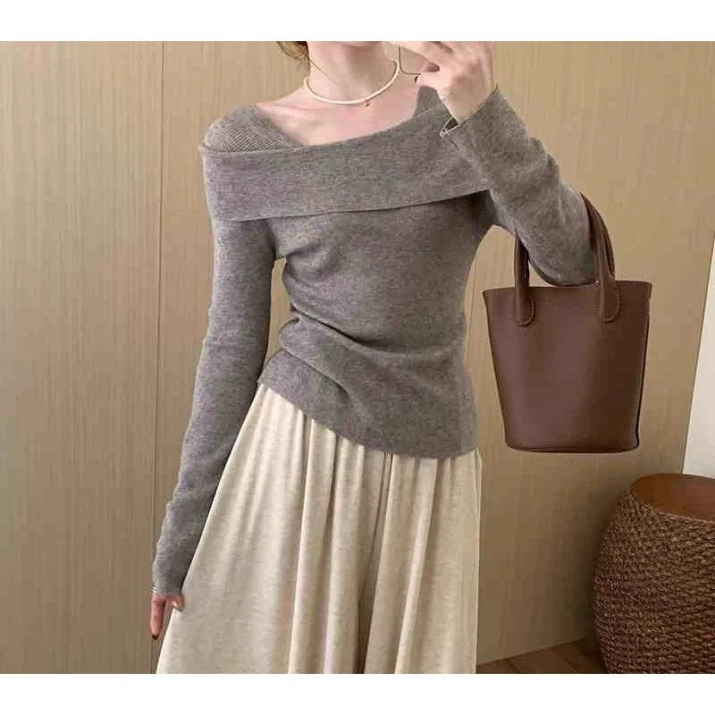 Sweet Off - shoulder square Collar Long - sleeved Women's Top Autumn New Slim - fit with Base - Zeprah