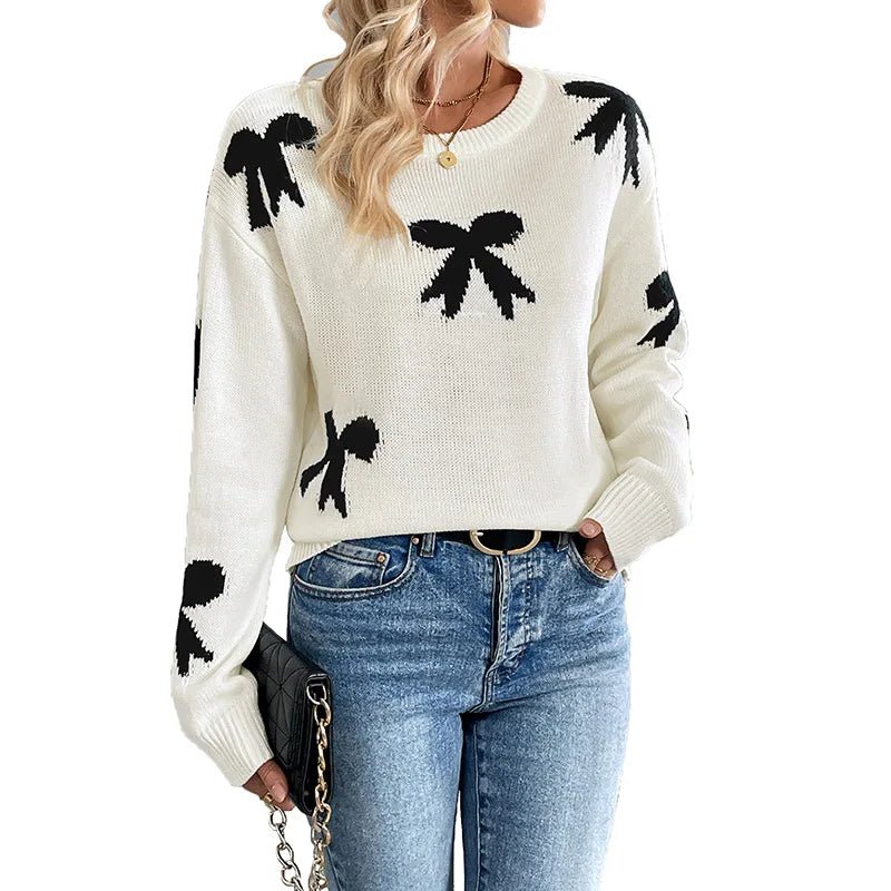 Sweet Round - neck Bow Jacquard Acrylic Fiber Full Sleeve Autumn Winter Sweater Women - Zeprah
