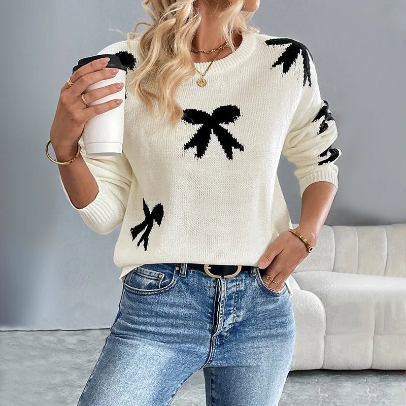Sweet Round - neck Bow Jacquard Acrylic Fiber Full Sleeve Autumn Winter Sweater Women - Zeprah