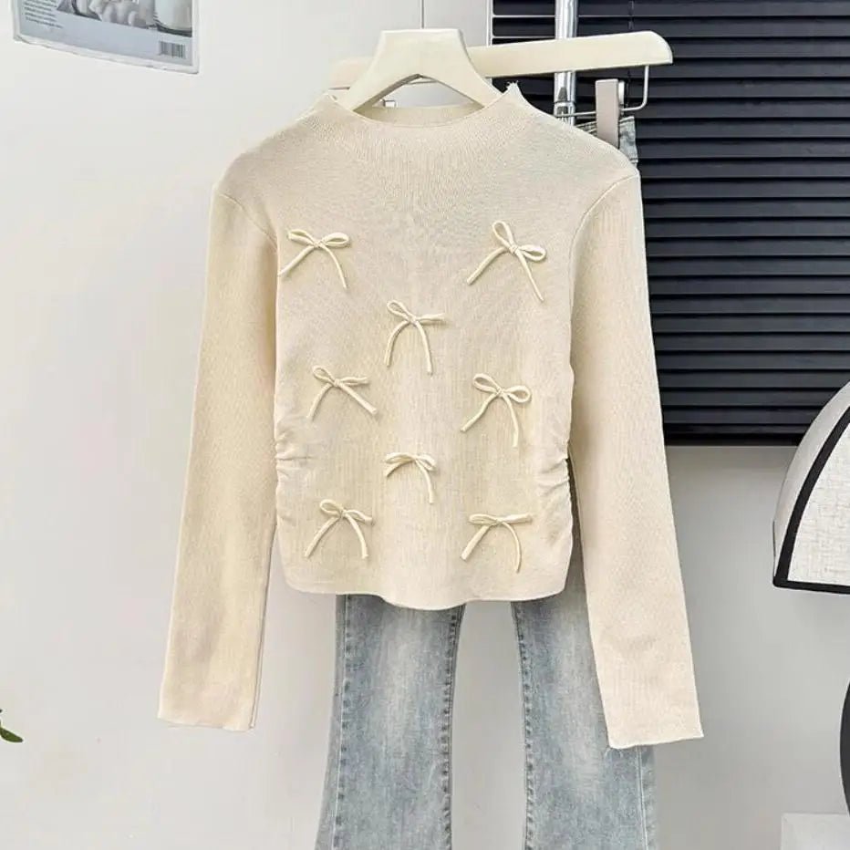 Three - dimensional Bow Long Sleeve Base Shirt Knitted Long - sleeved Top Slim - fit Long Sleeve T-shirt - Zeprah
