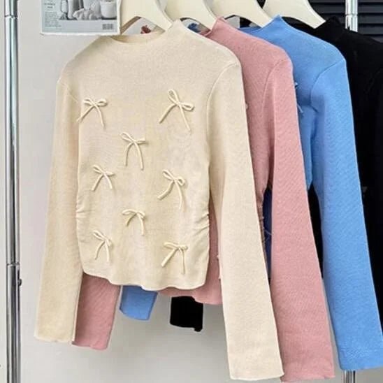 Three - dimensional Bow Long Sleeve Base Shirt Knitted Long - sleeved Top Slim - fit Long Sleeve T-shirt - Zeprah