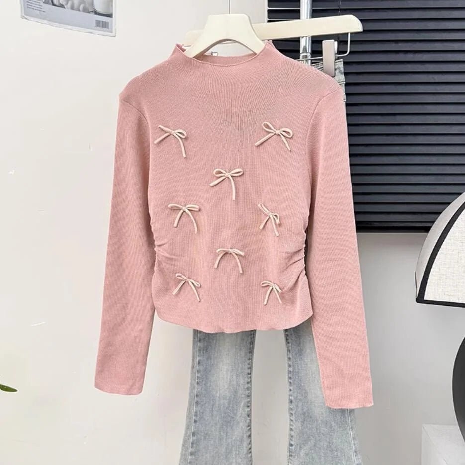 Three - dimensional Bow Long Sleeve Base Shirt Knitted Long - sleeved Top Slim - fit Long Sleeve T-shirt - Zeprah