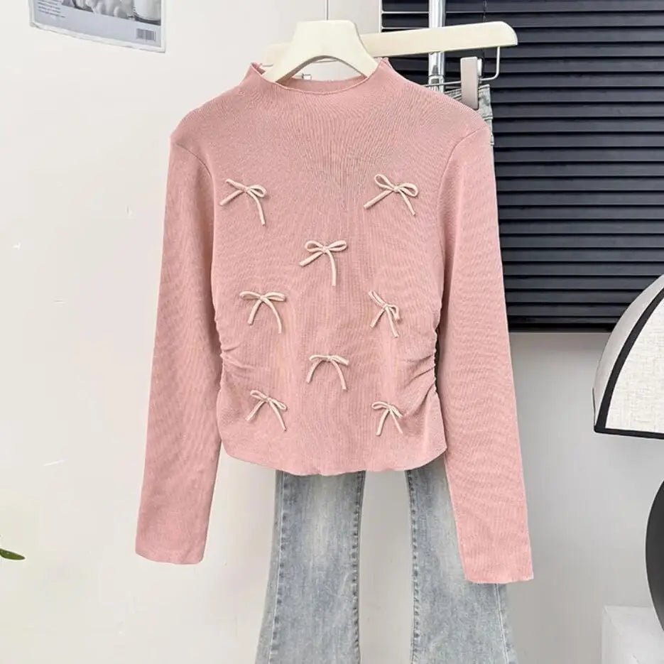 Three - dimensional Bow Long Sleeve Base Shirt Knitted Long - sleeved Top Slim - fit Long Sleeve T-shirt - Zeprah