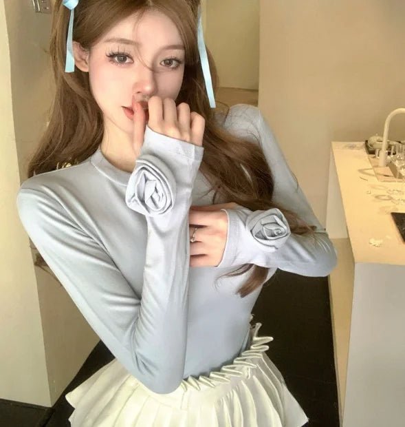 Three - dimensional Flower Crewneck Long - sleeved Shoulder T-shirt Women's 2025 Autumn Slim - fit Slimming Sweet Design Unique Top - Zeprah