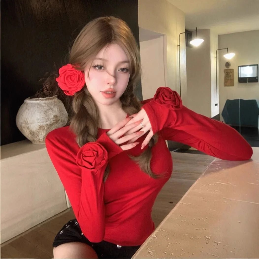 Three - dimensional Flower Crewneck Long - sleeved Shoulder T-shirt Women's 2025 Autumn Slim - fit Slimming Sweet Design Unique Top - Zeprah