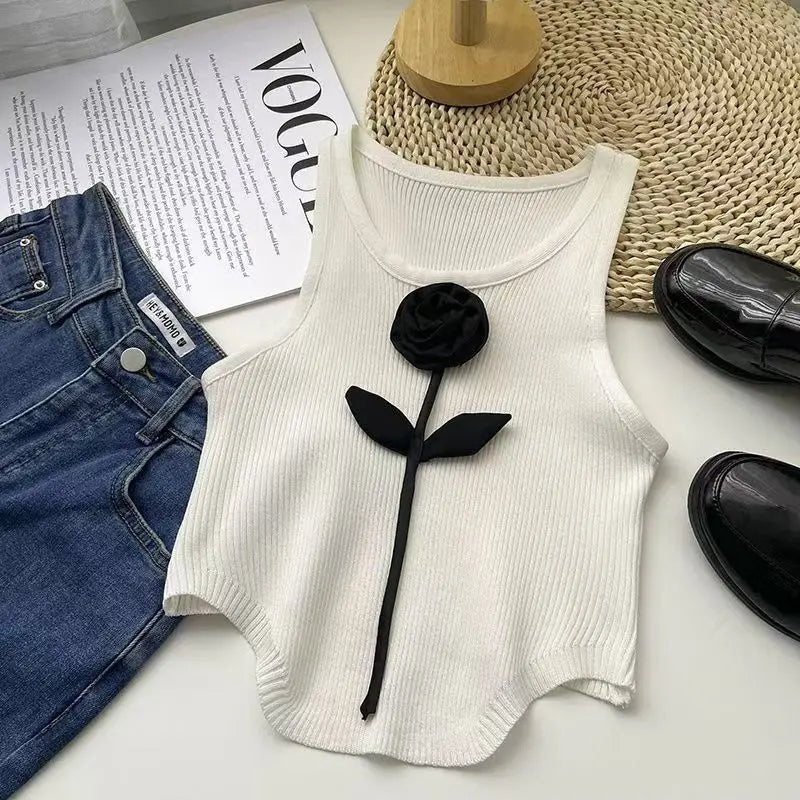 Three - dimensional Flower Cropped Top Summer Basic tank Top Knitted Women's Tanks Camis - Zeprah