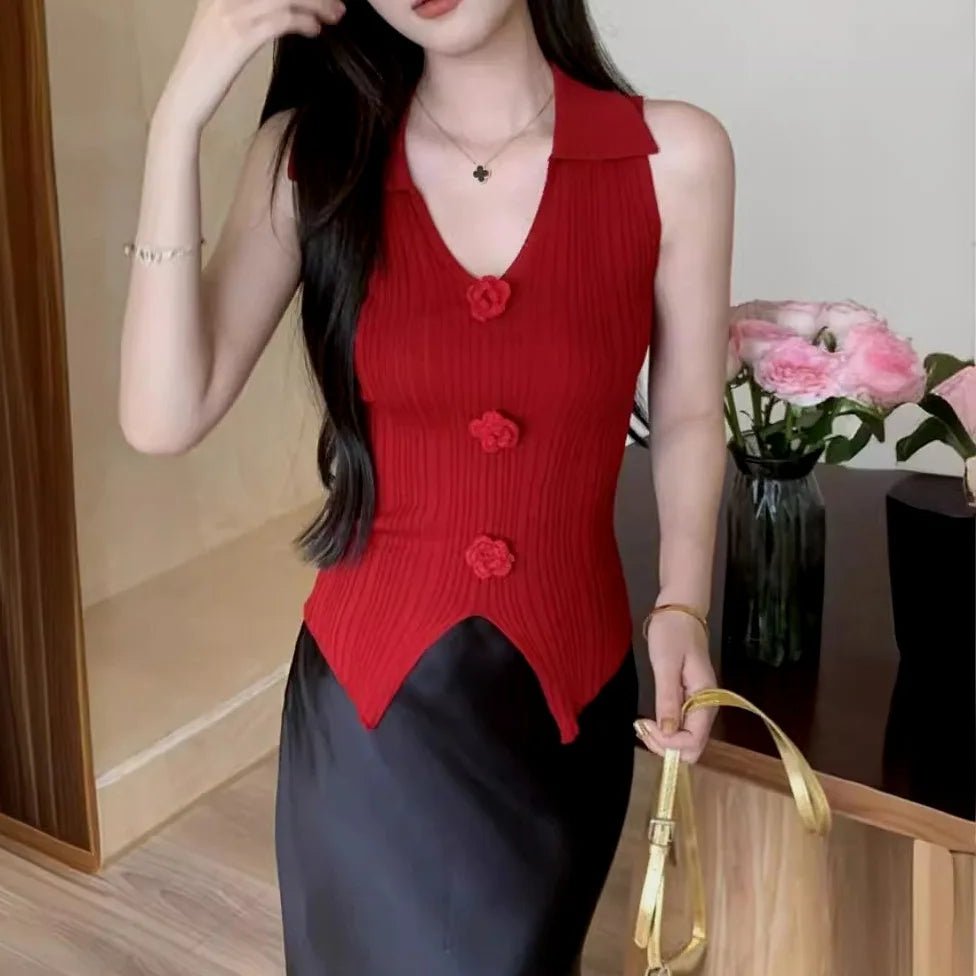 Three - dimensional Flower Women Tank Top Lapel Basic tank Top Knitted Going Out Tops - Zeprah