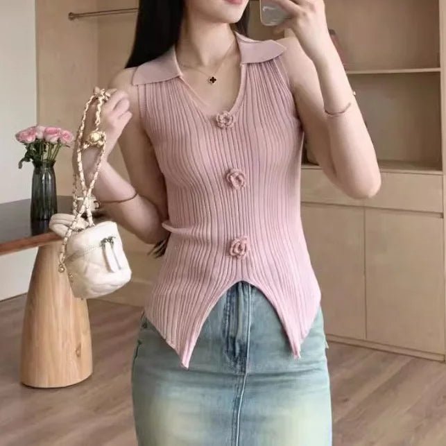 Three - dimensional Flower Women Tank Top Lapel Basic tank Top Knitted Going Out Tops - Zeprah