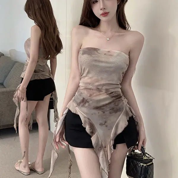 Tie - Dye Mesh Women's Camisole Outfit Summer Sweet Spice Girl's Strapless Irregular Top - Zeprah