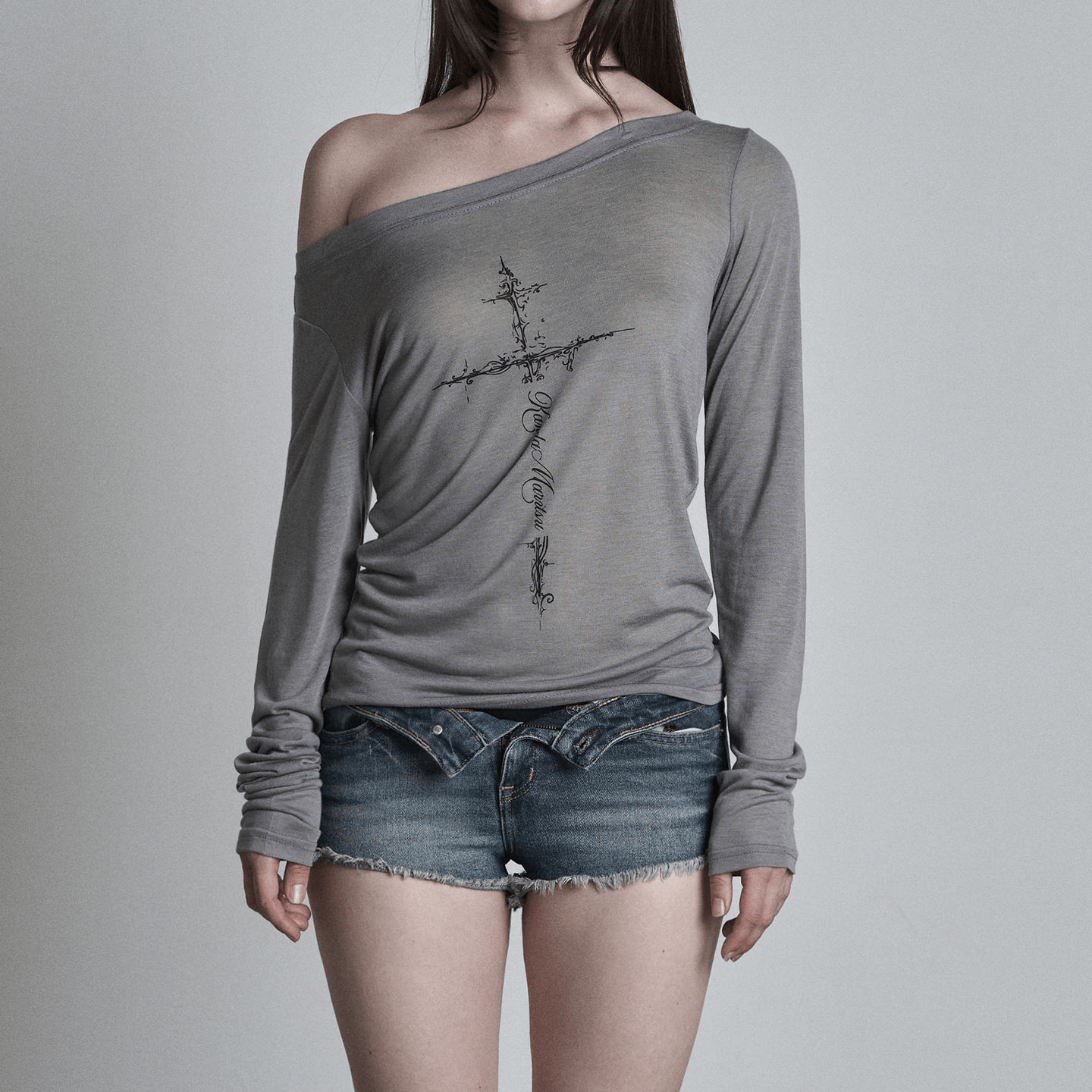 Top with Graphic Print – Off - Shoulder Long Sleeve Style - Zeprah