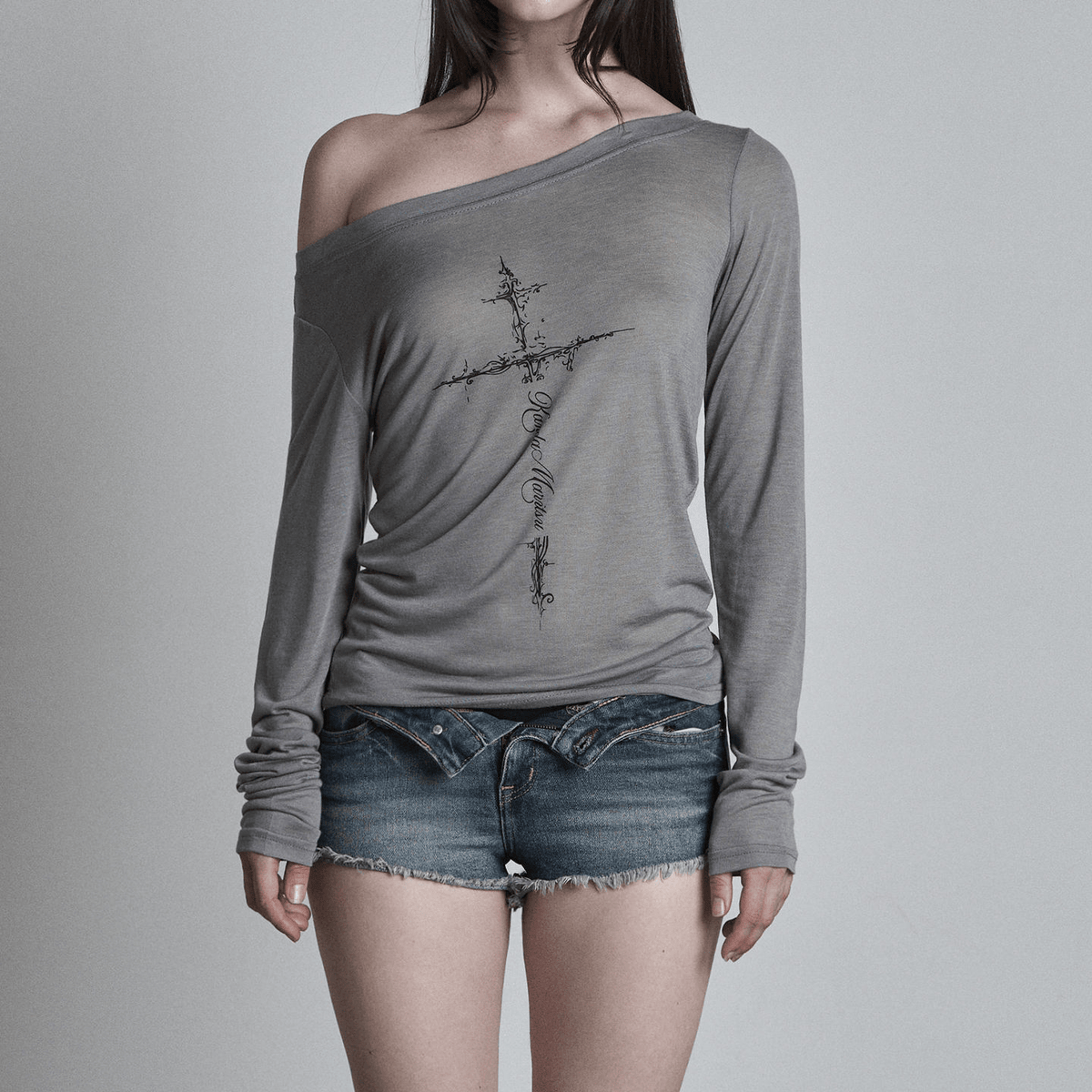 Top with Graphic Print – Off - Shoulder Long Sleeve Style - Zeprah