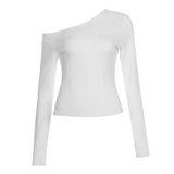 Trendy Asymmetrical Shoulder Top , Women's Long Sleeve Slash Neck Shirt with Side Slit & Button ,Sexy Club Knit for Fall/Evening Wear - Zeprah