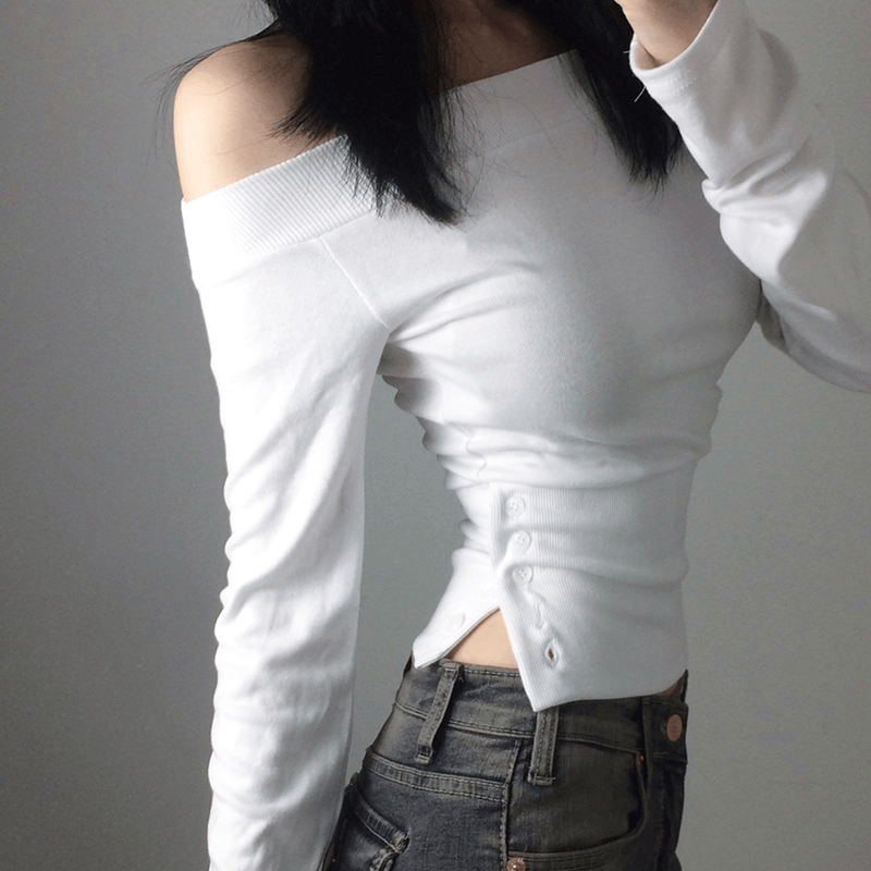 Trendy Asymmetrical Shoulder Top , Women's Long Sleeve Slash Neck Shirt with Side Slit & Button ,Sexy Club Knit for Fall/Evening Wear - Zeprah