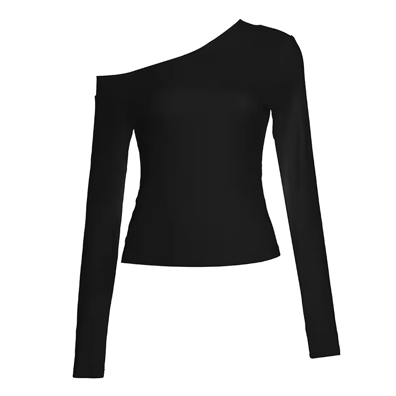 Trendy Asymmetrical Shoulder Top , Women's Long Sleeve Slash Neck Shirt with Side Slit & Button ,Sexy Club Knit for Fall/Evening Wear - Zeprah