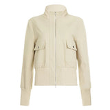 Trendy Autumn Khaki Short Shirt Jacket for Women Lapel Collar Zip - Up Casual Top Pockets Chic Full Sleeve Shacket Commuter Wear - Zeprah