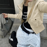 Trendy Autumn Khaki Short Shirt Jacket for Women Lapel Collar Zip - Up Casual Top Pockets Chic Full Sleeve Shacket Commuter Wear - Zeprah