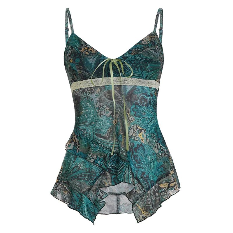 Trendy Breathable Knitted Camisole Color Block Floral Print with Front Bow Tie & Sheer Mesh High Waist - Zeprah
