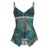 Trendy Breathable Knitted Camisole Color Block Floral Print with Front Bow Tie & Sheer Mesh High Waist - Zeprah