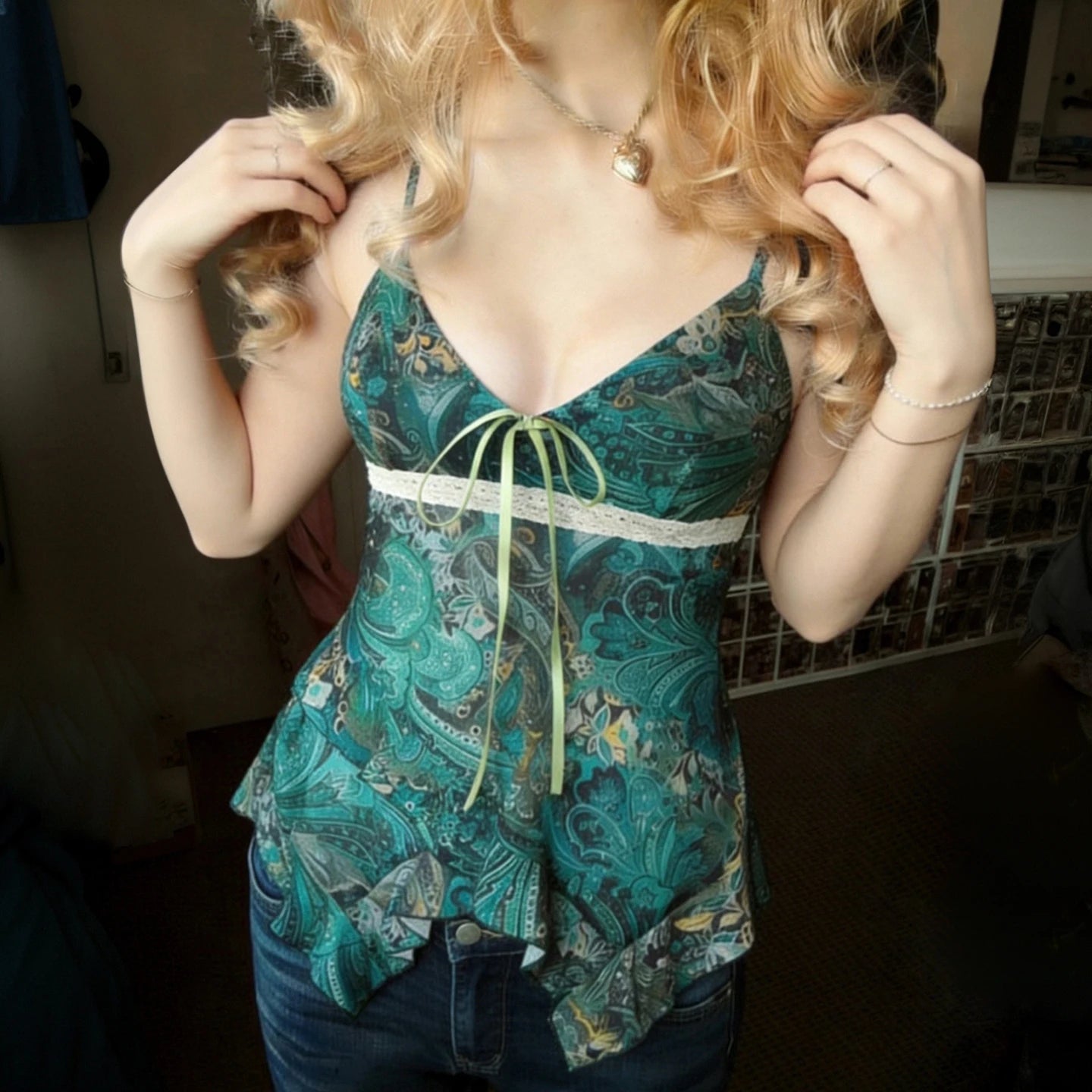 Trendy Breathable Knitted Camisole Color Block Floral Print with Front Bow Tie & Sheer Mesh High Waist - Zeprah
