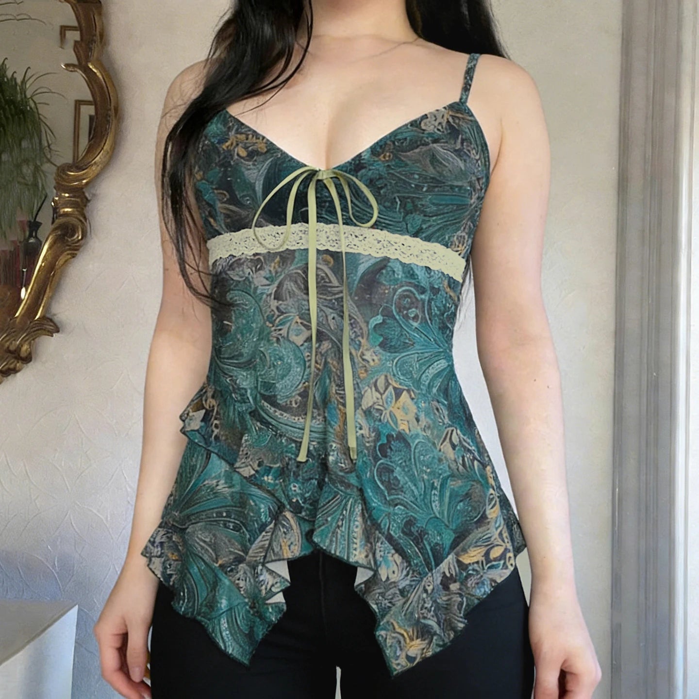 Trendy Breathable Knitted Camisole Color Block Floral Print with Front Bow Tie & Sheer Mesh High Waist - Zeprah