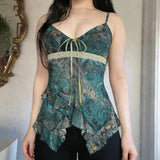 Trendy Breathable Knitted Camisole Color Block Floral Print with Front Bow Tie & Sheer Mesh High Waist - Zeprah